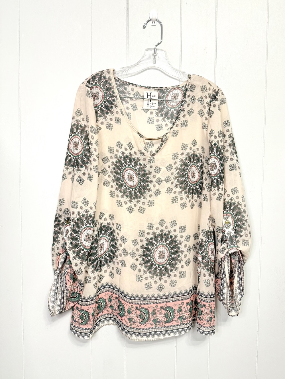 #17)  Haute Project Cream Boho Medallion Tunic with Pink Border